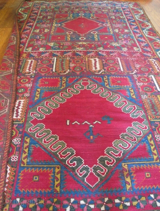 Full color spectrum, 1800s dated Moroccan Palace rug. Possibly unique. I could not find anything like it in the literature and would appreciate feedback from viewers. It measures 15'6" x 6'3.  