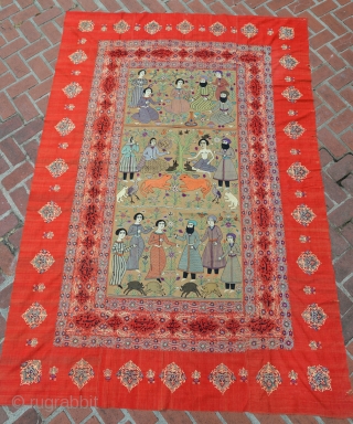Inscribed Isfahan or Resht embroidery tapestry. Red Adras (not felt). 6ft x 8.5 ft (99 x 71 inches)               