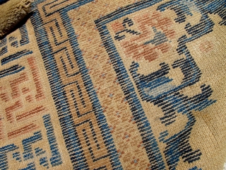 Early 1800s Chinese or Tibetan rug. 82 x 53 inches. This rug is gorgeous and has some wear. No repairs.             