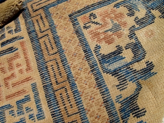 Early 1800s Chinese or Tibetan rug. 82 x 53 inches. This rug is gorgeous and has some wear. No repairs.             