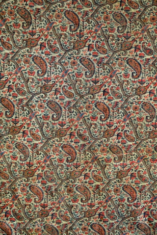 Early 1800s Persian Kirman 'Paisley' Boteh textile tapestry panel. 49 x 69 inches.                    