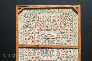 A very fine antique XIXth Century Kantha. Silk and cotton. Frame-mounted over 75 years ago. Pristine condition without any damage or repair. 43 x 35 inches.       