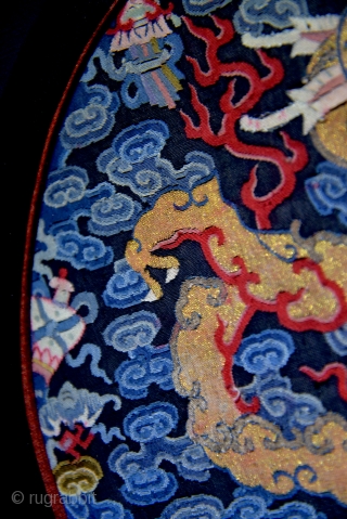 A very fine XIXth Century Chinese Imperial two-clawed Dragon Seal. This is a museum quality badge and is in a pristine state of preservation. Triple-framed in silk (blue, red, black). Kesi or  ...