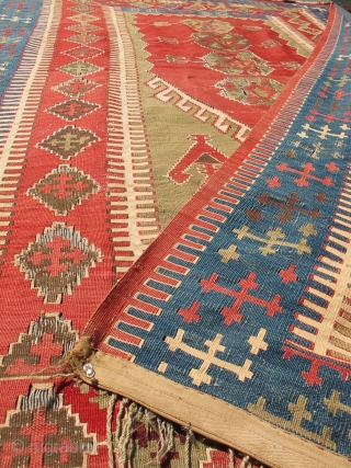 1850 LARGE CAUCASIAN OR ANATOLIAN ARMENIAN PRAYER or ALTAR KILIM RUG.
I prefer to refer to this design as 'altar' instead of 'prayer' because such rugs were more likely used to hang as  ...