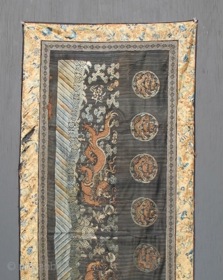 large early chinese dragon embroidery textile. 24 x 60 inches                       