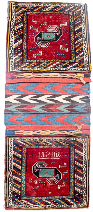 1920 dated inscribed Armenian (Anatolian or Caucasian) pinwheel saddle bags Khorjin - pile not Sumak                  