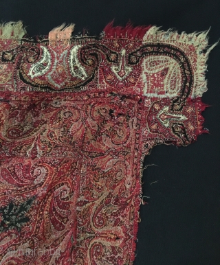 Kashmir Shawl Fragment.  Circa Antique.  67x38.  Mounted on black linen.  Clean and hand washed.
               