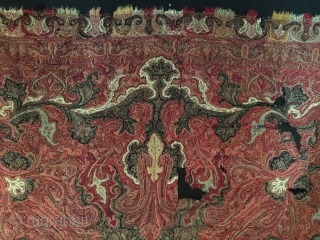 Kashmir Shawl Fragment.  Circa Antique.  67x38.  Mounted on black linen.  Clean and hand washed.
               