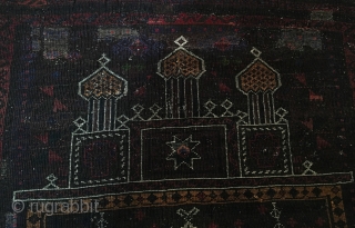 Kaudani Baluch Prayer Rug.  SE Persia.   Circa Antique.  Silk highlights in center. 

Full pile.  Few old invisible reweaves. (only visible on back).  54x38.  7 colors.  ...