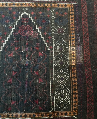 Kaudani Baluch Prayer Rug.  SE Persia.   Circa Antique.  Silk highlights in center. 

Full pile.  Few old invisible reweaves. (only visible on back).  54x38.  7 colors.  ...