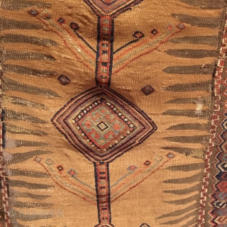 Early Afshar Sofreh Flatweave.  Outstanding example.  Condition: Very good considering age, small old rewoven areas in field, all original, old velcro strip on top for wall hanging.  9 colors.  ...