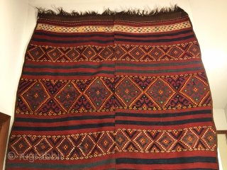 Uzbek Tatari Kilim Flatweave. Last Quarter 19th Century. Mint condition considering age. All sides original with macrame ends. 6 colors. 12’9” x 5’0”. Delicately hand washed.       