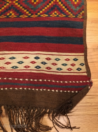 Uzbek Tatari Kilim Flatweave. Last Quarter 19th Century. Mint condition considering age. All sides original with macrame ends. 6 colors. 12’9” x 5’0”. Delicately hand washed.       