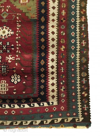 Antique Turkish Reyhanli Prayer Kilim. SE Anatolia. 2nd Half 19th Century.  Extremely Rare with an exceptionally tight and fine weave, compares with Persian Sehna work.   Minor loss to top  ...