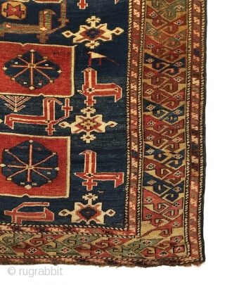 Antique Caucasian Karagashli Rug.  3rd Quarter 19th Century.  Excellent condition.  Fine weave.  Soft wool.  Supple handle.  Interlocking bird latch hook border encloses glowing field.  6  ...