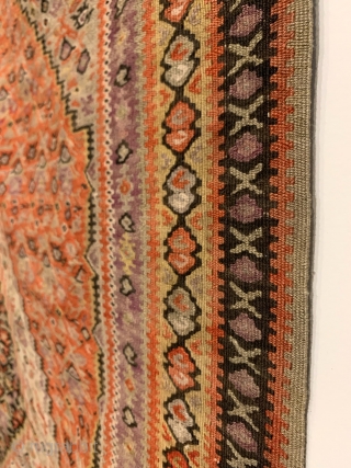 Antique Senneh Kilim. Fine weave. All original sides. 7 colors. 4’4 x 6’7. Delicately hand washed.                 