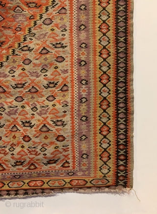 Antique Senneh Kilim. Fine weave. All original sides. 7 colors. 4’4 x 6’7. Delicately hand washed.                 