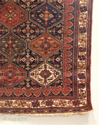 Antique Afshar Rug.  4th Quarter 19th Century.  Intriguing vertical stepped medallions on dark blue field.  Deeply saturated colors and lanolin-rich wool.  Very good condition.  All sides original.  ...