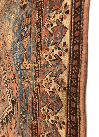 Early Afshar Rug. 2nd Half 19th Century. Two stepped medallions enclose bird head diamonds. In visiting this rug note the saturated colors: Rare light blue, strong green and a rose madder field.  ...