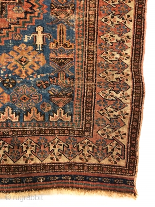 Early Afshar Rug. 2nd Half 19th Century. Two stepped medallions enclose bird head diamonds. In visiting this rug note the saturated colors: Rare light blue, strong green and a rose madder field.  ...