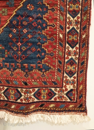 Antique Afshar Rug. Circa 1900. The design exhibits dual ‘ashik tipped’ medallions on a saturated madder red field. Mint condition. 9 colors. 4’10” x 6’4”. Delicately hand washed.     