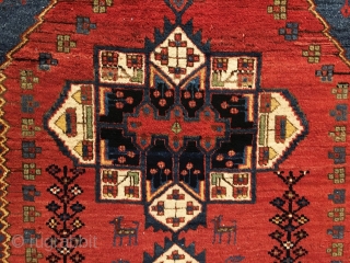 Antique Afshar Rug. Circa 1900. The design exhibits dual ‘ashik tipped’ medallions on a saturated madder red field. Mint condition. 9 colors. 4’10” x 6’4”. Delicately hand washed.     