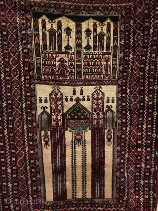 White Ground Baluch Prayer Rug. Full pile.  Soft, silky wool.  Goat hair selvage.  55 x 36.  6 saturated colors.  Clean and hand washed.     