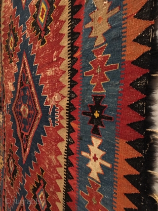 Antique Caucasian Kilim.  Dated 1904.  Second date of remembrance, 1936.  Truly tribal.  Original four sides.  10 colors.  9’ 6" x 4’ 3".  Delicately hand washed. 