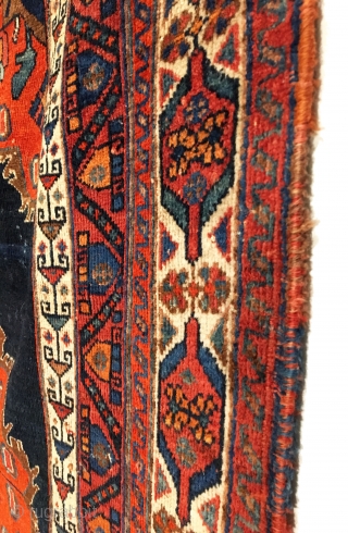 Antique Afshar Rug. Last Quarter 19th Century. Classic vase design. On the dark indigo field sit two opposing flower filled vases at top and bottom. Great condition. Original four sides. Kilim ends.  ...