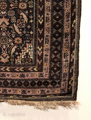 Antique Baluch Rug. Salar Khani. Torbat-E Haidari - Northeast Persia. Abrashed blue ground field displays a central row of diamonds bracketed by curvilinear serrated leaves. The Keshmiri design is usually found in  ...