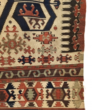 Antique Anatolian Aydin Kilim. 19th Century. This is a monumental, early white ground West Anatolian (Aydin Region) kilim exhibiting saturated vegetable colors with bold drawings. In the heart of the kilim, stand  ...