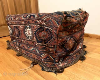 Antique Shahsavan Mafrash. 19th Century. Moghan Region. A complete and colorful tribal bedding bag. Excellent condition for age. Small hole in bottom corner. No repairs. Original goat hair tie down loop/handle. 8  ...