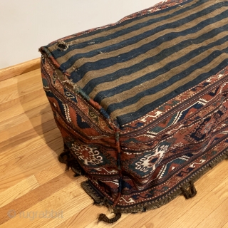 Antique Shahsavan Mafrash. 19th Century. Moghan Region. A complete and colorful tribal bedding bag. Excellent condition for age. Small hole in bottom corner. No repairs. Original goat hair tie down loop/handle. 8  ...