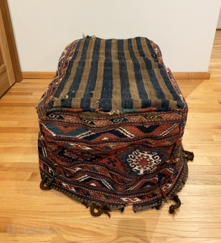 Antique Shahsavan Mafrash. 19th Century. Moghan Region. A complete and colorful tribal bedding bag. Excellent condition for age. Small hole in bottom corner. No repairs. Original goat hair tie down loop/handle. 8  ...