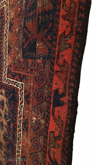 Antique Timuri Baluch Prayer Rug.  19th Century. Blue ground. Brown corrosion to center Tree motif. Has 8 borders. Kilim ends intact with wear as shown. Tribal wall art. Good condition considering  ...