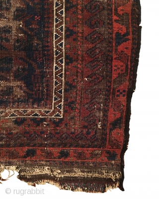 Antique Timuri Baluch Prayer Rug.  19th Century. Blue ground. Brown corrosion to center Tree motif. Has 8 borders. Kilim ends intact with wear as shown. Tribal wall art. Good condition considering  ...