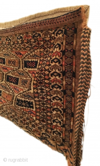 Antique Turkmen Yomud Torba. Last Quarter 19th Century. Curled leaf motif. Ivory ground. Complete bag: full back and side tassels. Excellent condition considering age. 6 colors. 1’11 x 2’10. Delicately hand washed. 