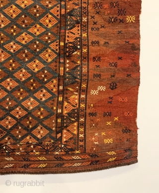 Antique Turkmen Yomud (Yomut) Torba. Central Asia. Last Quarter 19th Century. Repeating design with alternating colored rows of hooked diamonds. Embroidered silk and wool on wool foundation. 7 colors. 2’6” x 3’0”.  ...