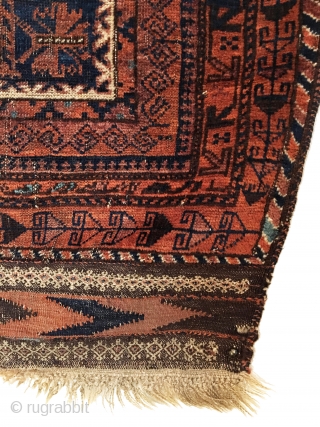 Antique Baluch Prayer Rug.  19th Century.  Blue ground.  Possible dowry piece.  Fine weft float detail bordering chevron kilim ends.  Excellent condition with original macrame ends and checkered  ...