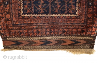 Antique Baluch Prayer Rug.  19th Century.  Blue ground.  Possible dowry piece.  Fine weft float detail bordering chevron kilim ends.  Excellent condition with original macrame ends and checkered  ...