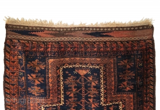 Antique Baluch Prayer Rug.  19th Century.  Blue ground.  Possible dowry piece.  Fine weft float detail bordering chevron kilim ends.  Excellent condition with original macrame ends and checkered  ...