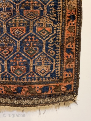 Antique Timuri Baluch Bagface. 3rd Quarter 19th Century. Dokhtar-I Ghazi honey comb design. Saturated colors including a nice green. Very good condition. Original four sides and no repairs. 6 colors. 1'8" x  ...