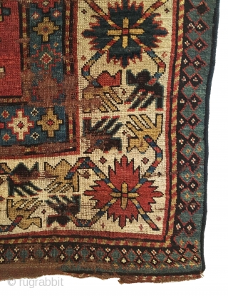 Early Caucasian Kazak Long Rug. 1st Half 19th Century. Great use of saturated coloration. Note the 'crab border,' appears to be four birds arrayed around cross palmettes via striped vines. Wear to  ...