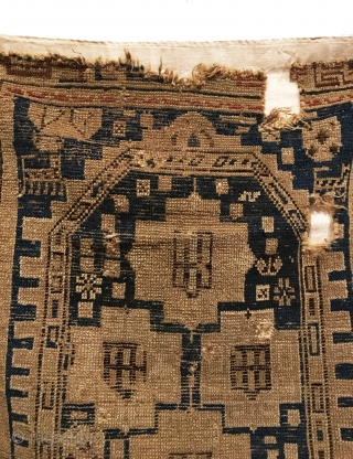 Antique Shirvan Rug. Perhaps a Prayer Rug? (Note Mosque Dome at top). Archaic Kufic border. Six creatures within field. 3 holes as shown with losses to top and bottom. 3’2 x 4’10.  ...