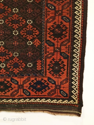 Mina Khani Baluch Rug.  Northeast Iran.  2nd Half 19th Century.  Serrated leaves enclose stepped medallions on chocolate brown field.  Excellent condition considering age.  Original four sides.   ...