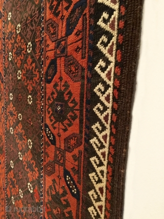 Mina Khani Baluch Rug.  Northeast Iran.  2nd Half 19th Century.  Serrated leaves enclose stepped medallions on chocolate brown field.  Excellent condition considering age.  Original four sides.   ...