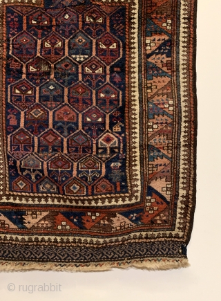 A rare and spectacularly colored Timuri Prayer Rug dating to the Mid 19th Century. Please note the use of color, specifically steel blue, peach, and purple. The honeycomb field is enclosed by  ...