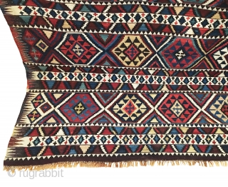 Antique Shirvan Kilim. Last quarter 19th Century. Extremely fine weave. Leathery handle. 5’7” x 9’6”. 10 colors. Carefully washed clean. Ready for the floor or as wall hanging kilim art.   