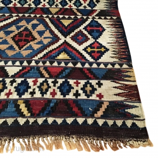 Antique Shirvan Kilim. Last quarter 19th Century. Extremely fine weave. Leathery handle. 5’7” x 9’6”. 10 colors. Carefully washed clean. Ready for the floor or as wall hanging kilim art.   