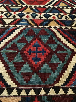 Antique Shirvan Kilim. Last quarter 19th Century. Extremely fine weave. Leathery handle. 5’7” x 9’6”. 10 colors. Carefully washed clean. Ready for the floor or as wall hanging kilim art.   